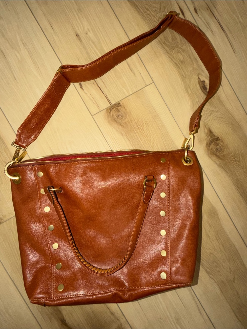 Women’s Tan Leather Tote Bag with Stud Details